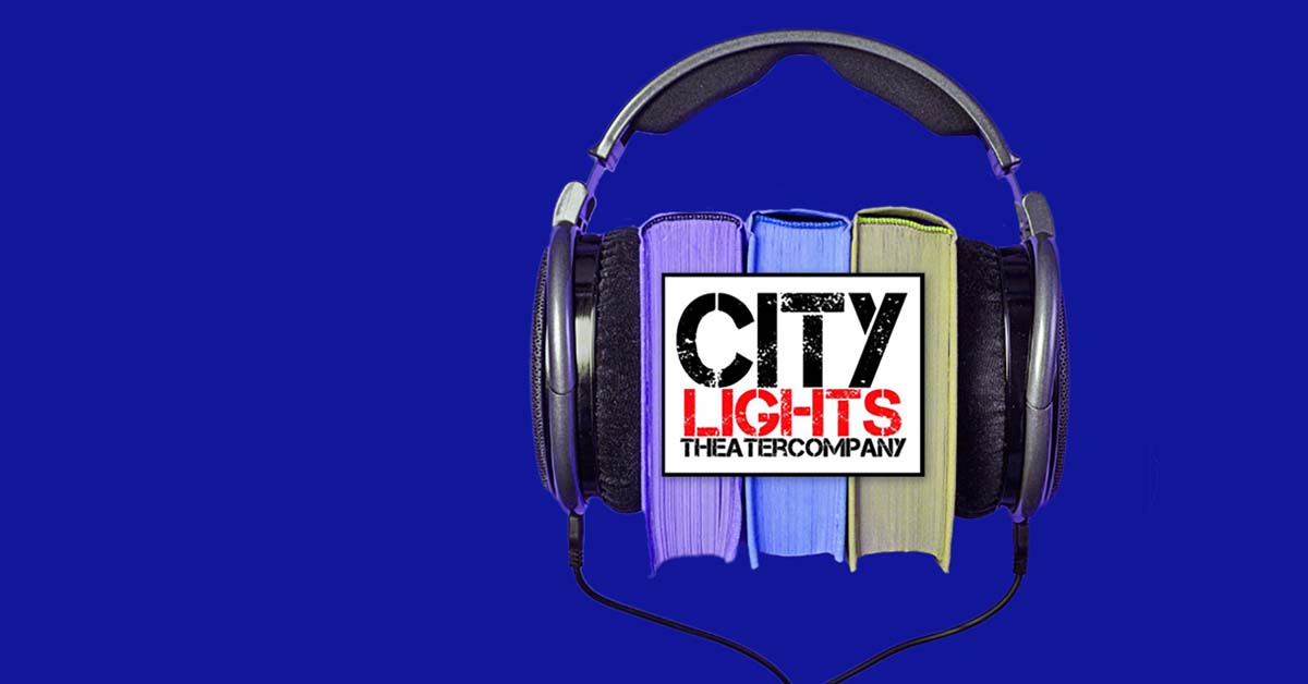 [image: Stack of books with headphones around them and a City Lights logo on top]