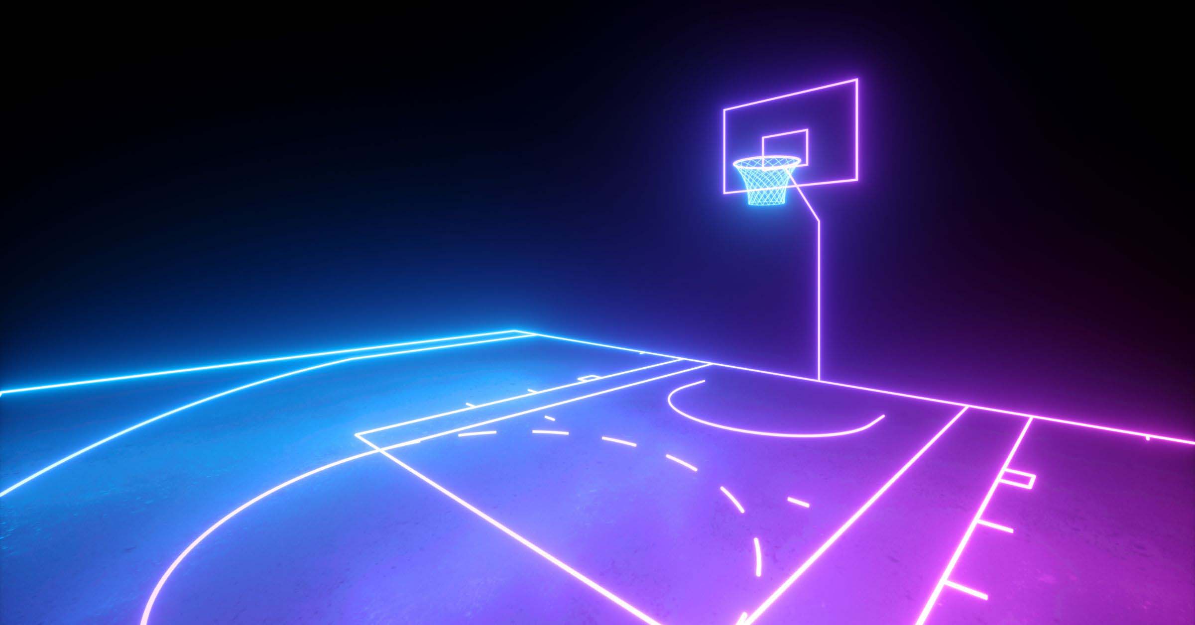 [image: Neon light blue and lavender lights delineating a basketball court]