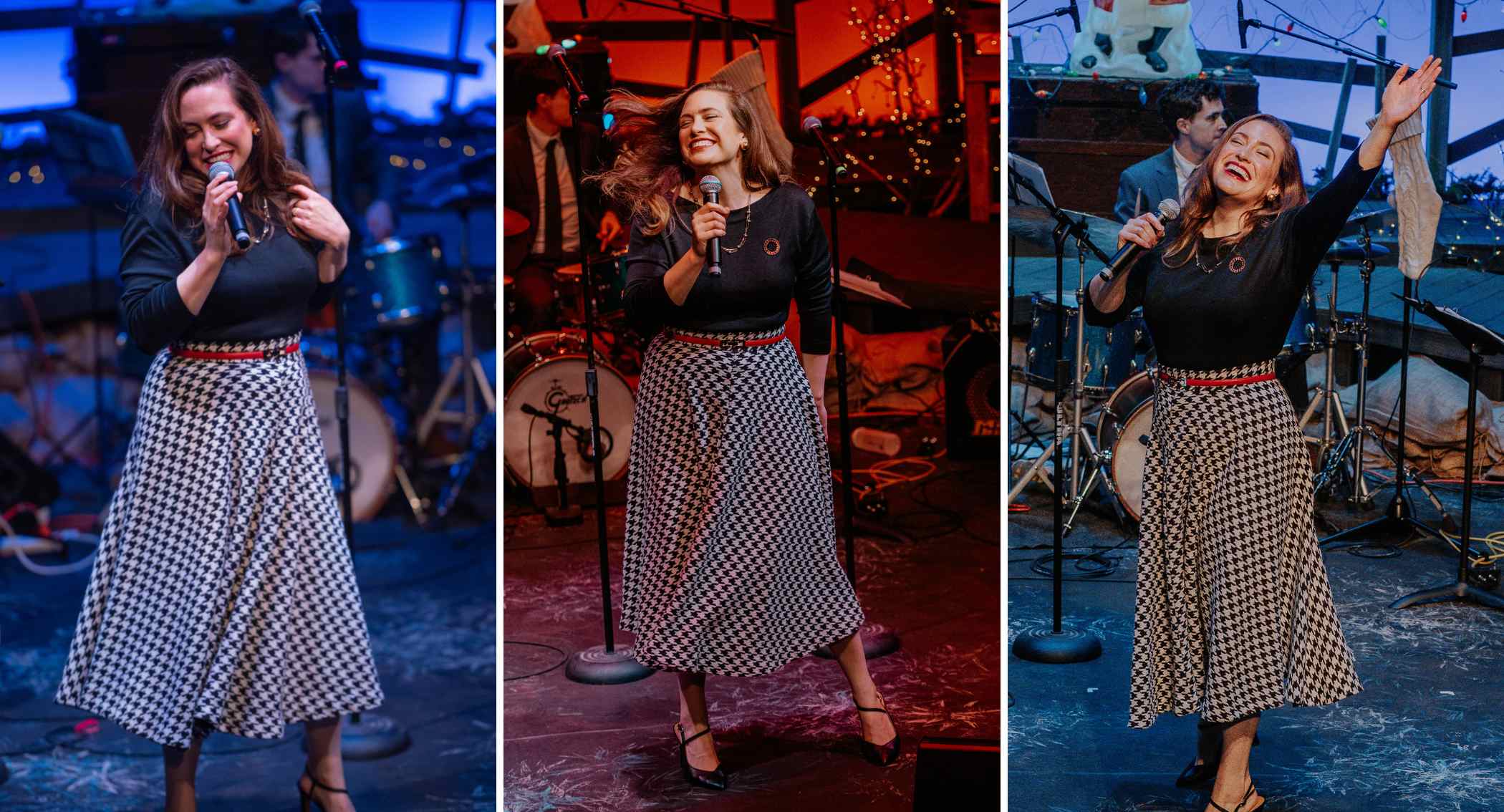 [image: Three photos of a white female singer with long light-brown hair, smiling and singing while wearing a retro black top and long houndstooth-print skirt]
