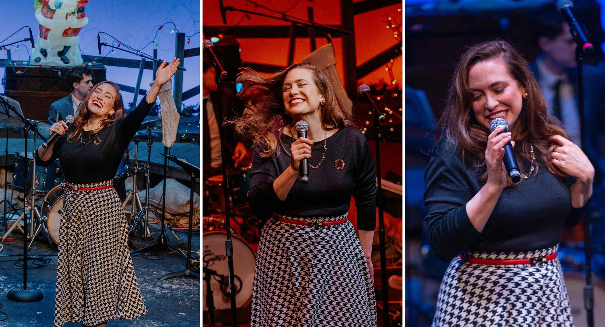 [image: Three photos of a white female singer with long light-brown hair, smiling and singing while wearing a retro black top and long houndstooth-print skirt]