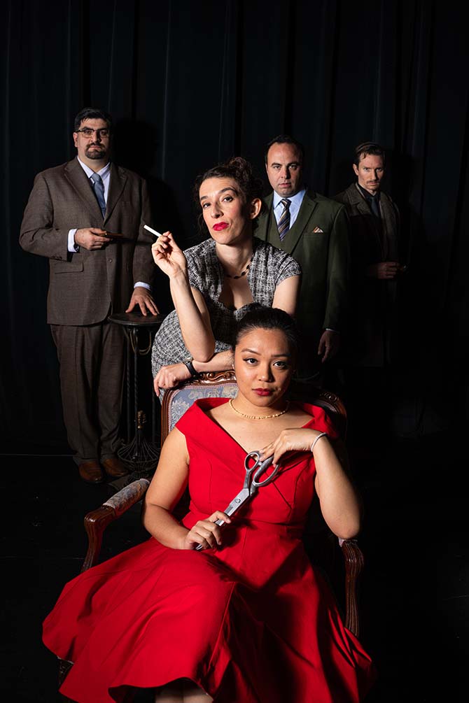 The five members of the "Dial M for Murder" cast photographed in film noir style, with mood lighting and '50s costumes.